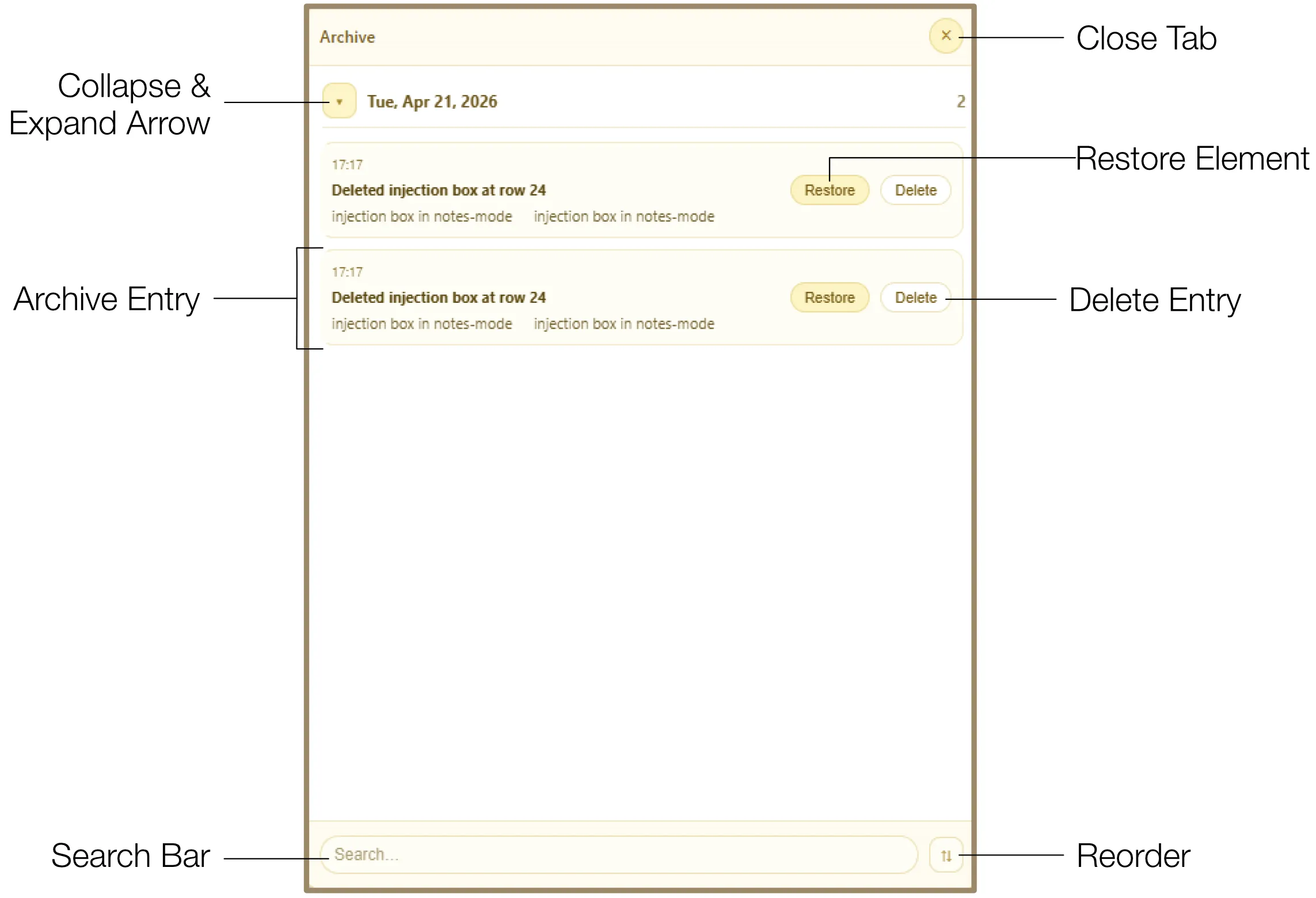 Archive panel showing deleted entries with restore and permanent delete options